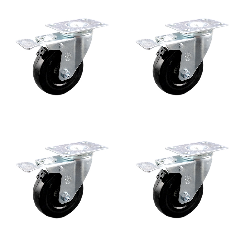 Stainless Steel Hard Rubber Swivel Top Plate Caster Set of 4 w/4" x 1.25" Black Wheels - Includes 4 Swivel with Total Lock Brakes - 1200 lbs Total Capacity - Service Caster Brand — photo 1
