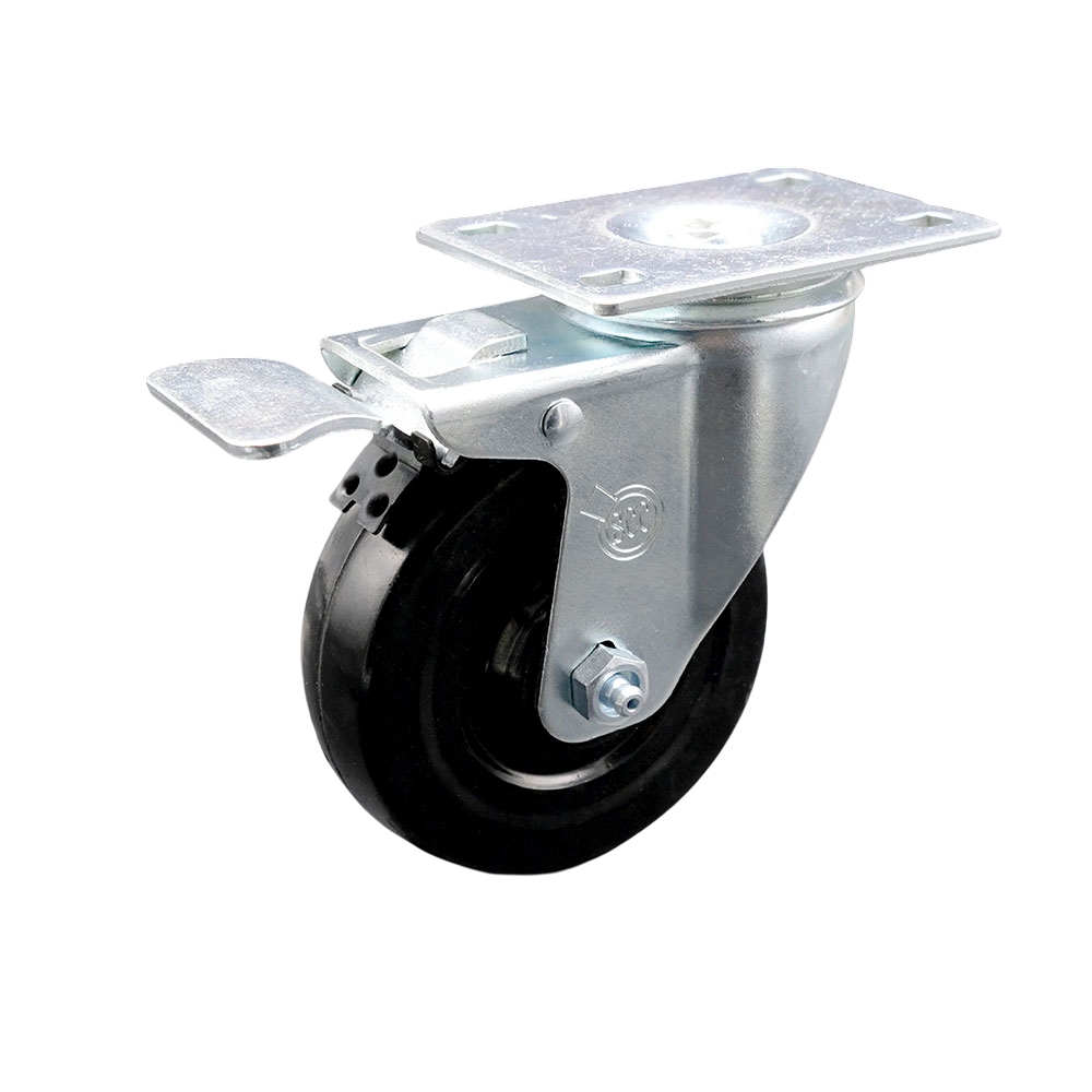 Stainless Steel Hard Rubber Swivel Top Plate Caster w/4" x 1.25" Black Wheel & Total Locking Brake - 300 lbs Capacity/Caster - Service Caster Brand — photo 1