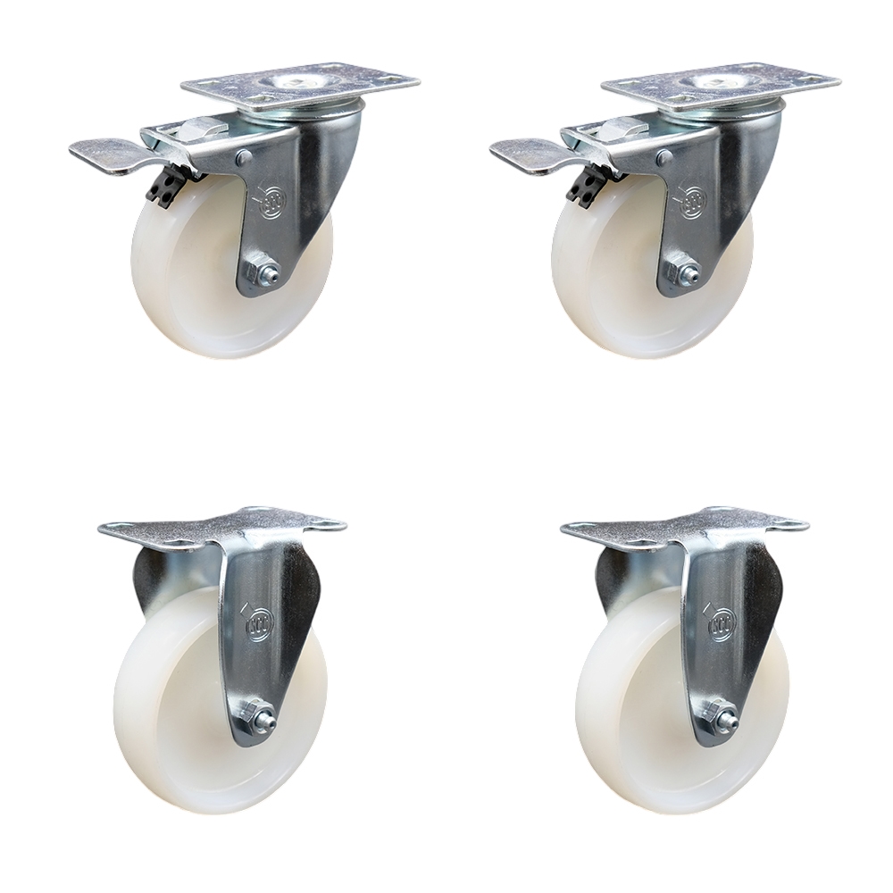 Stainless Steel Nylon Swivel Top Plate Caster Set of 4 w/4" x 1.25" White Wheels - Includes 2 Swivel with Total Locking Brakes & 2 Rigid - 1200 lbs Total Capacity - Service Caster Brand — photo 1