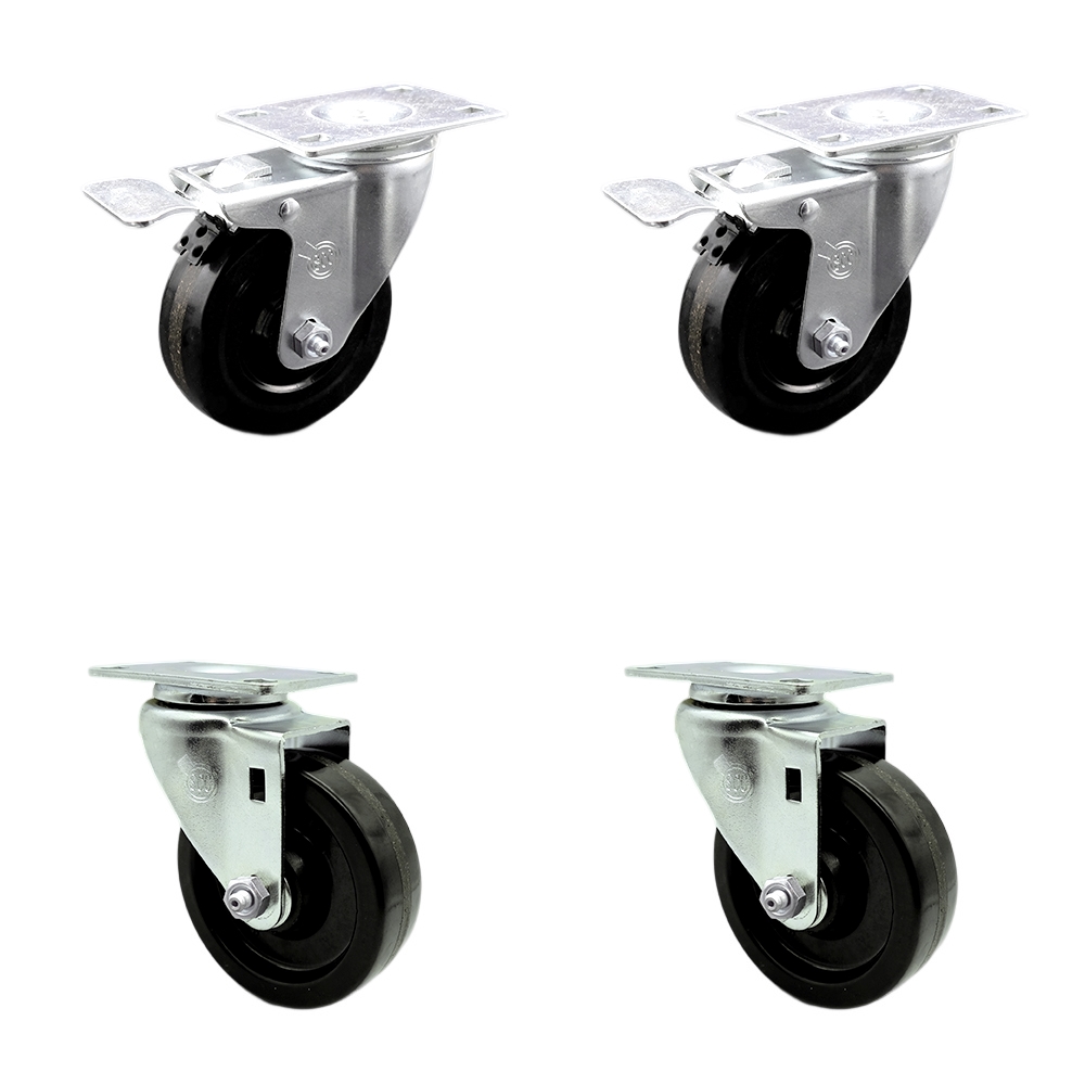Stainless Steel Phenolic Swivel Top Plate Caster Set of 4 w/4" x 1.25" Black Wheels - Includes 2 Swivel with Total Locking Brakes & 2 Swivel - 1200 lbs Total Capacity - Service Caster Brand — photo 1