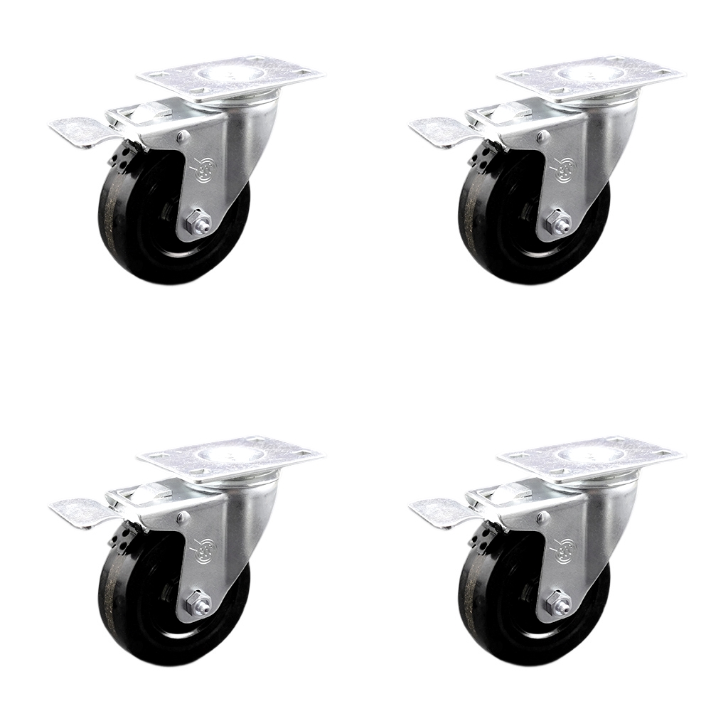 Stainless Steel Phenolic Swivel Top Plate Caster Set of 4 w/4" x 1.25" Black Wheels - Includes 4 Swivel with Total Lock Brakes - 1200 lbs Total Capacity - Service Caster Brand — photo 1