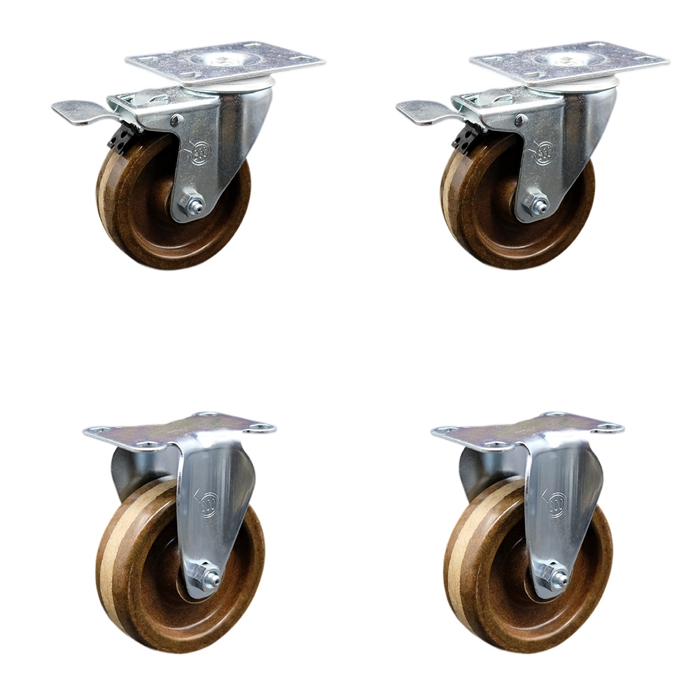 Stainless Steel High Temp Phenolic Swivel Top Plate Caster Set of 4 w/4" x 1.25" Brown Wheels-Includes 2 Swivel with Total Locking Brakes&2 Rigid-1200 lbs Total Capacity-Service Caster Brand — photo 1