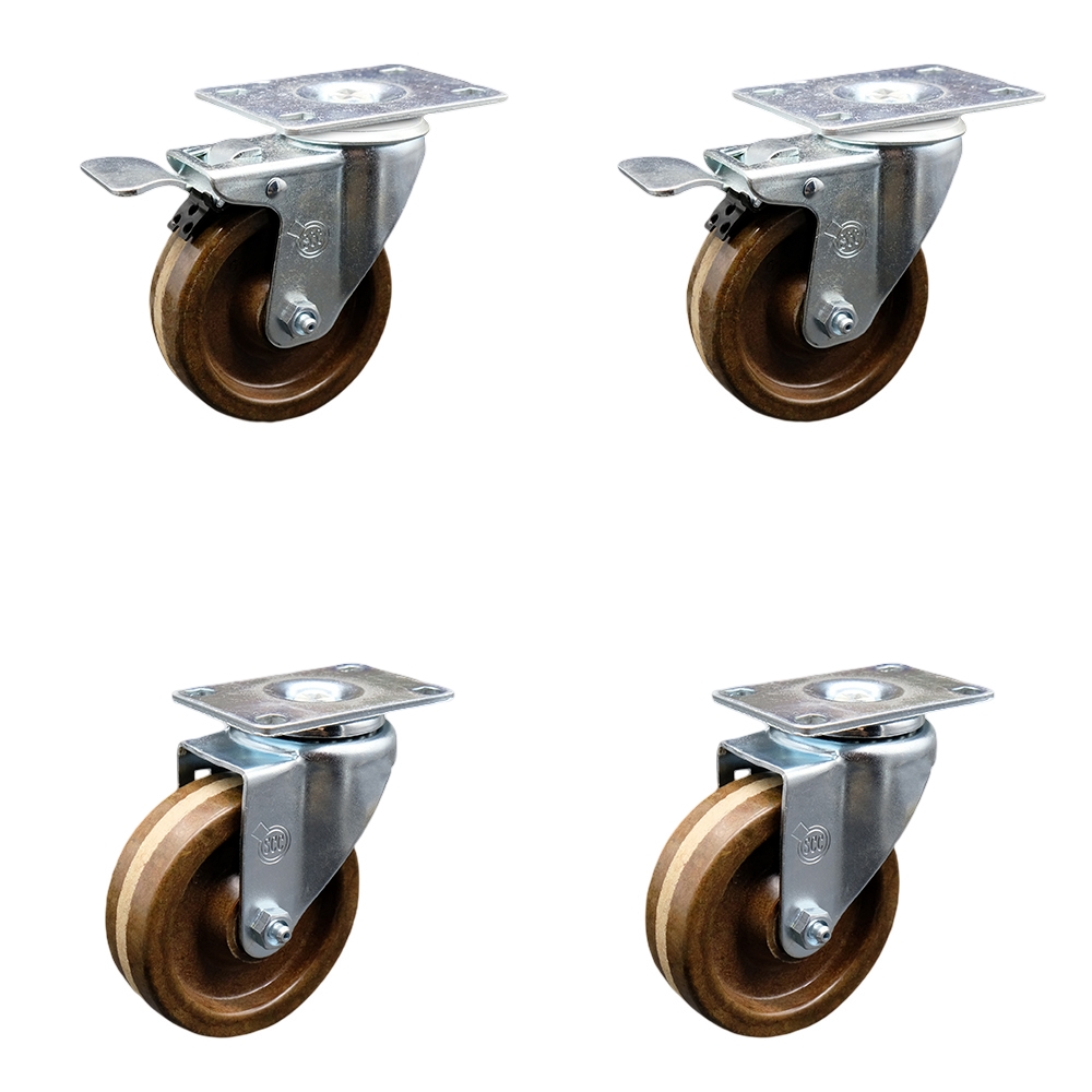 Stainless Steel High Temp Phenolic Swivel Top Plate Caster Set 4 w/4" x 1.25" Brown Wheels-Includes 2 Swivel with Total Locking Brakes & 2 Swivel-1200 lbs Total Capacity-Service Caster Brand — photo 1