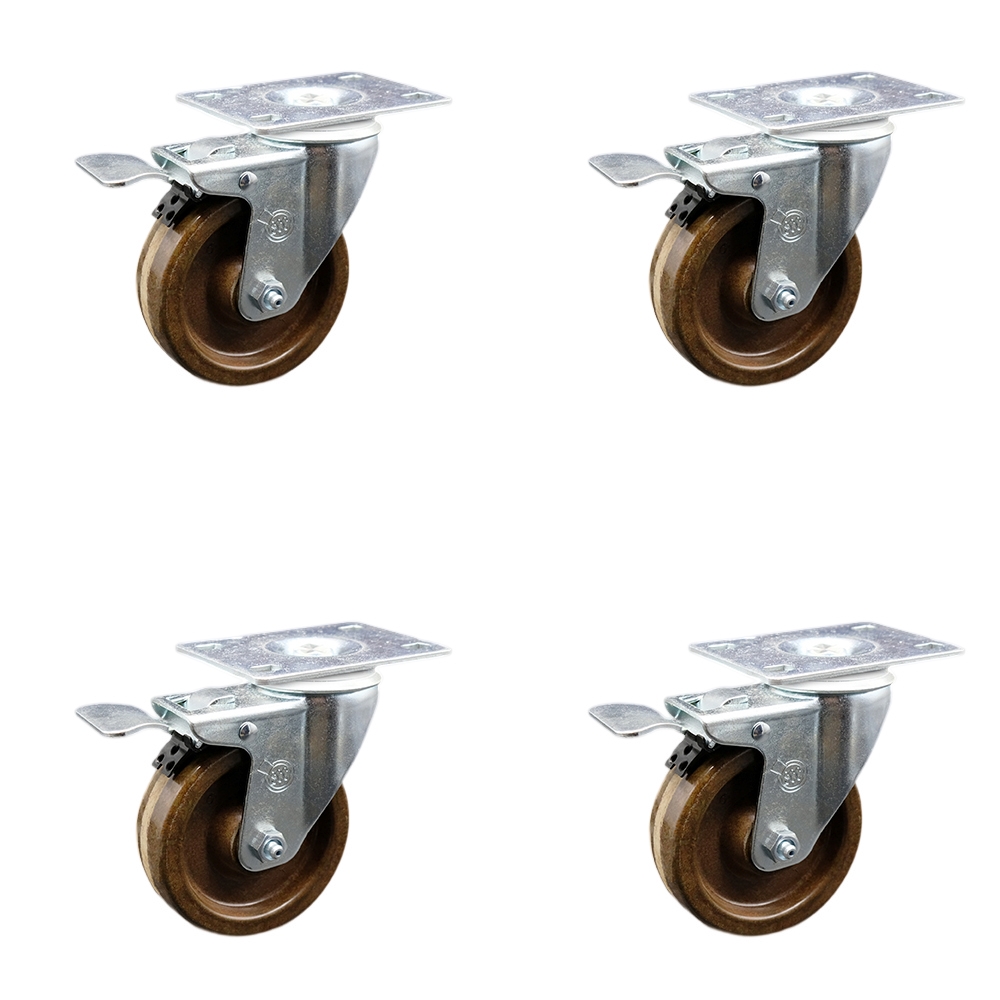 Stainless Steel High Temperature Phenolic Swivel Top Plate Caster Set of 4 w/4" x 1.25" Brown Wheels - Includes 4 Swivel with Total Lock Brakes - 1200 lbs Total Capacity - Service Caster Brand — photo 1