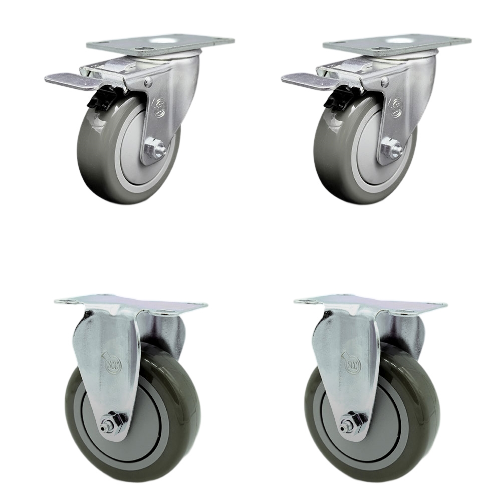 Stainless Steel Polyurethane Top Plate Caster Set of 4 w/4" x 1.25" Gray Wheels - 2 Swivel Casters w/Total Locking Brake & 2 Rigid - 1400 lbs Capacity/Caster - Service Caster Brand — photo 1