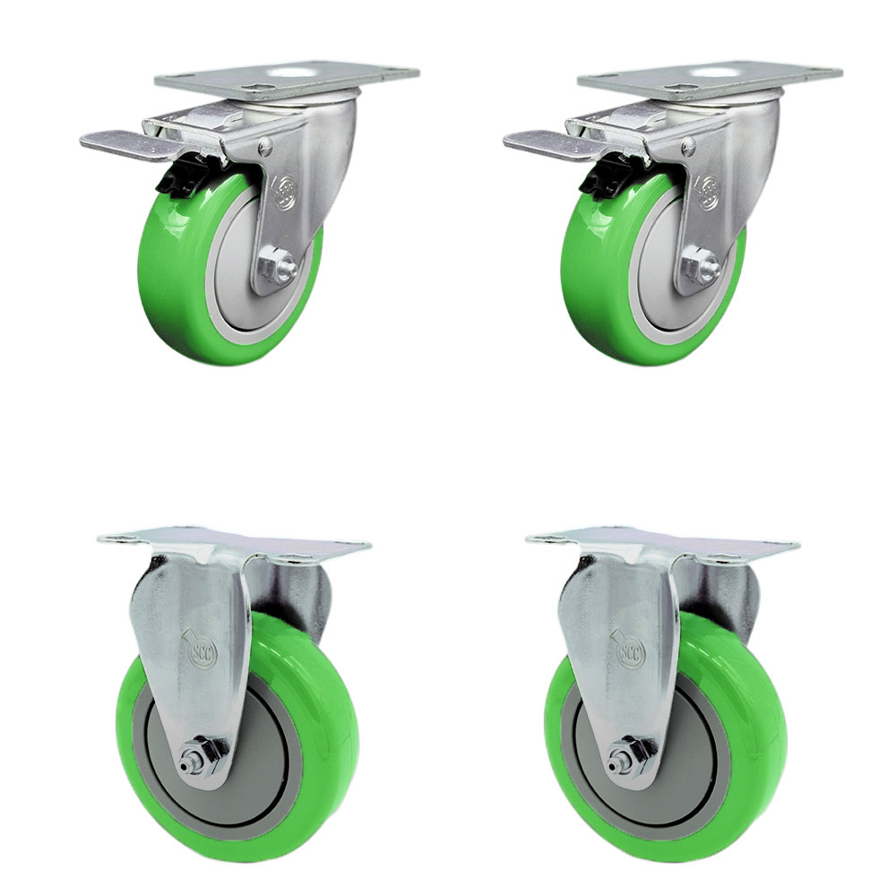 Stainless Steel Polyurethane Top Plate Caster Set of 4 w/4" x 1.25" Green Wheels - 2 Swivel Casters w/Total Locking Brake & 2 Rigid - 1400 lbs Capacity/Caster - Service Caster Brand — photo 1