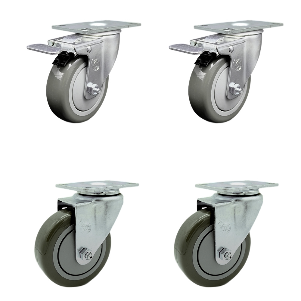 Stainless Steel Polyurethane Swivel Top Plate Caster Set of 4 w/4" x 1.25"  Gray Wheels - Includes 2 with Total Locking Brakes - 1400 lbs Total Capacity - Service Caster Brand — photo 1