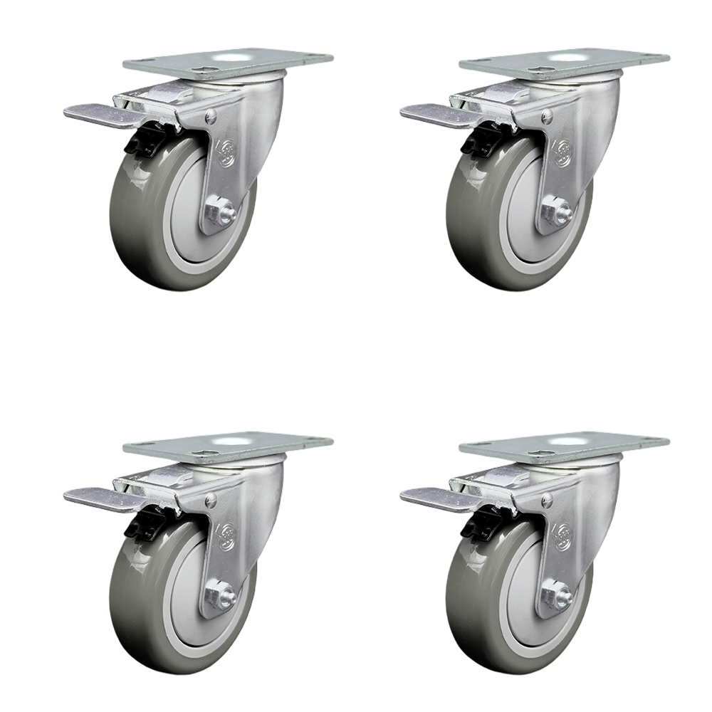Stainless Steel Polyurethane Swivel Top Plate Caster Set of 4 w/4" x 1.25" Gray Wheels - Includes 4 Swivel with Total Lock Brakes - 1400 lbs Total Capacity - Service Caster Brand — photo 1