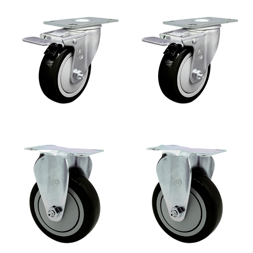 Stainless Steel Polyurethane Top Plate Caster Set of 4 w/4" x 1.25"  Black Wheels - 2 Swivel Casters w/Total Locking Brake & 2 Rigid - 1400 lbs Capacity/Caster - Service Caster Brand — photo 1