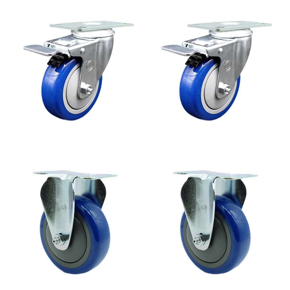 Stainless Steel Polyurethane Top Plate Caster Set of 4 w/4" x 1.25" Blue Wheels - 2 Swivel Casters w/Total Locking Brake & 2 Rigid - 1400 lbs Capacity/Caster - Service Caster Brand — photo 1