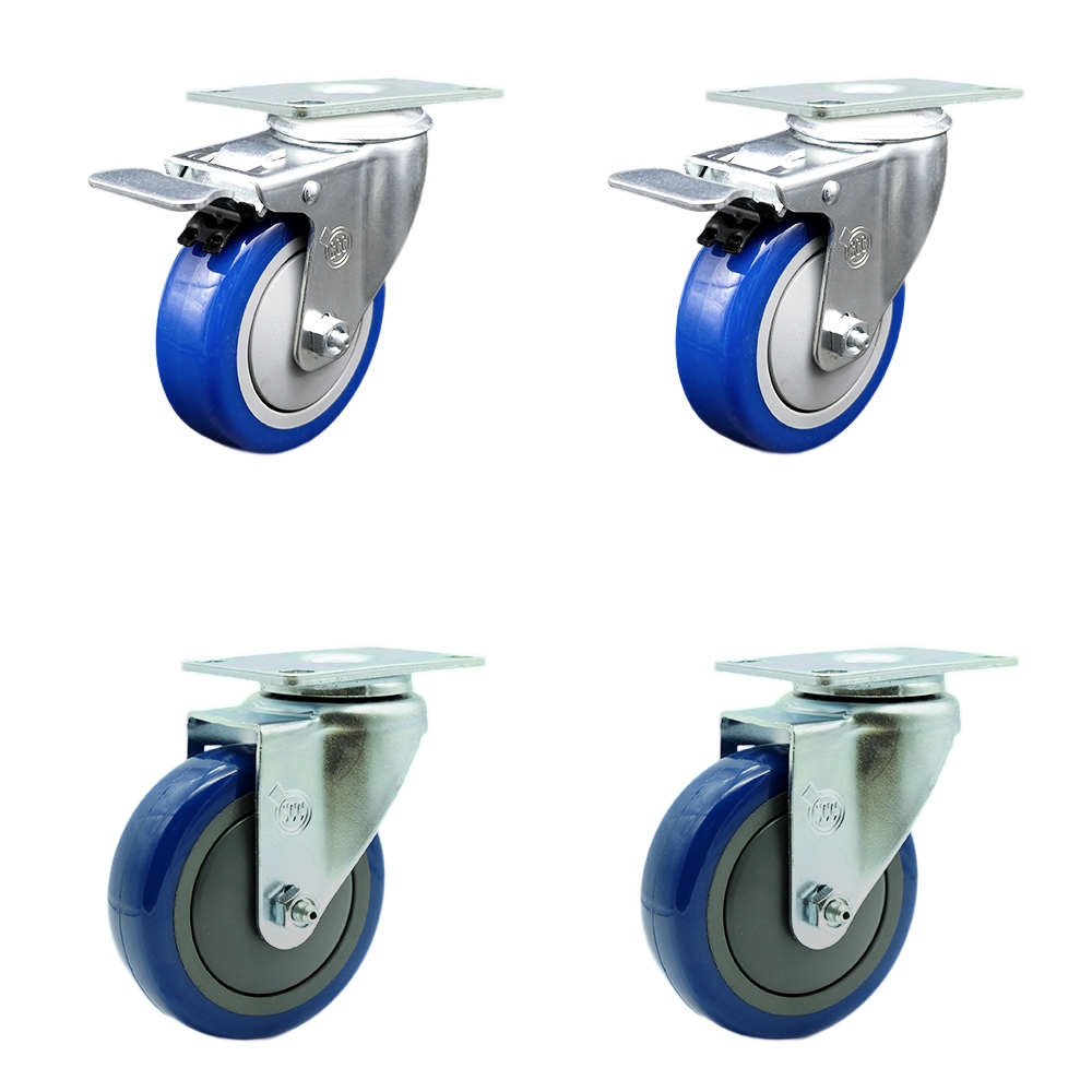 Stainless Steel Polyurethane Swivel Top Plate Caster Set of 4 w/4" x 1.25" Blue Wheels - Includes 2 with Total Locking Brakes - 1400 lbs Total Capacity - Service Caster Brand — photo 1