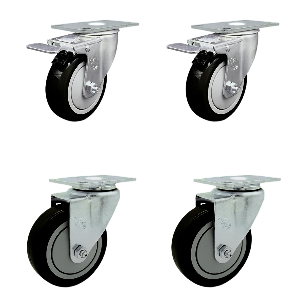 Stainless Steel Polyurethane Swivel Top Plate Caster Set of 4 w/4" x 1.25" Black Wheels - Includes 2 with Total Locking Brakes - 1400 lbs Total Capacity - Service Caster Brand — photo 1
