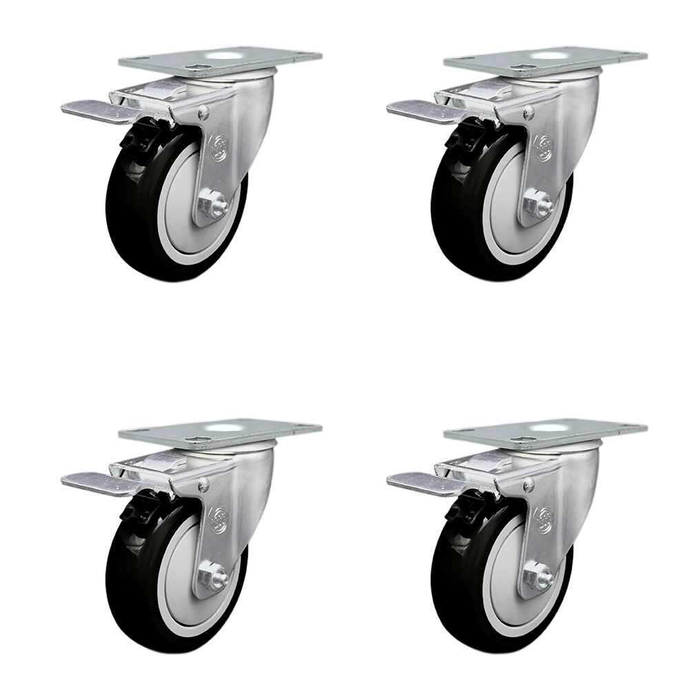 Stainless Steel Polyurethane Swivel Top Plate Caster Set of 4 w/4" x 1.25" Black Wheels - Includes 4 Swivel with Total Lock Brakes - 1400 lbs Total Capacity - Service Caster Brand — photo 1