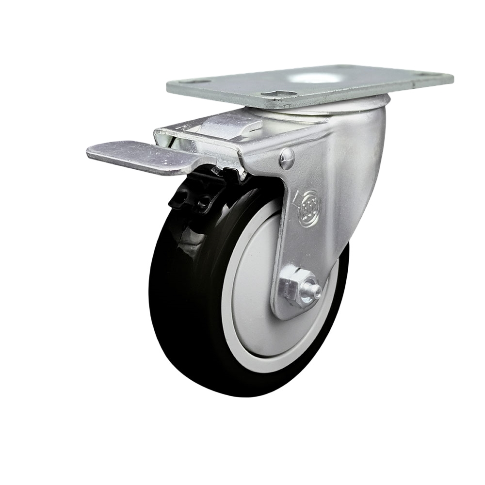Stainless Steel Polyurethane Swivel Top Plate Caster w/4" x 1.25" Black Wheel & Total Locking Brake - 350 lbs Capacity/Caster - Service Caster Brand — photo 1