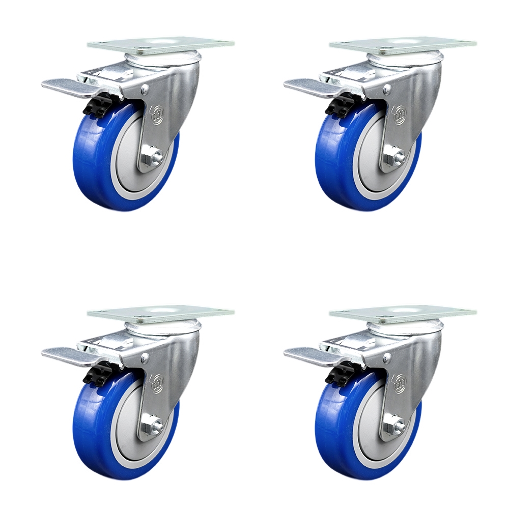 Stainless Steel Polyurethane Swivel Top Plate Caster Set of 4 w/4" x 1.25" Blue Wheels - Includes 4 Swivel with Total Lock Brakes - 1400 lbs Total Capacity - Service Caster Brand — photo 1