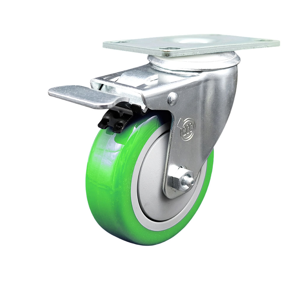 Stainless Steel Polyurethane Swivel Top Plate Caster w/4" x 1.25" Green Wheel & Total Locking Brake - 350 lbs Capacity/Caster - Service Caster Brand — photo 1