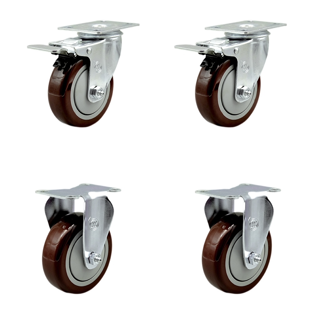 Stainless Steel Polyurethane Top Plate Caster Set of 4 w/4" x 1.25" Maroon Wheels - 2 Swivel Casters w/Total Locking Brake & 2 Rigid - 1400 lbs Capacity/Caster - Service Caster Brand — photo 1