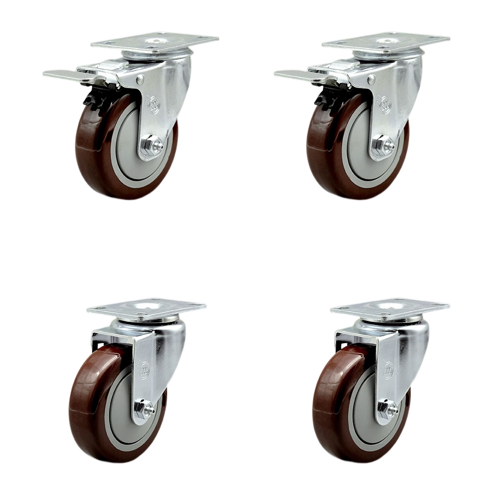 Stainless Steel Polyurethane Swivel Top Plate Caster Set of 4 w/4" x 1.25"  Maroon Wheels - Includes 2 with Total Locking Brakes - 1400 lbs Total Capacity - Service Caster Brand — photo 1