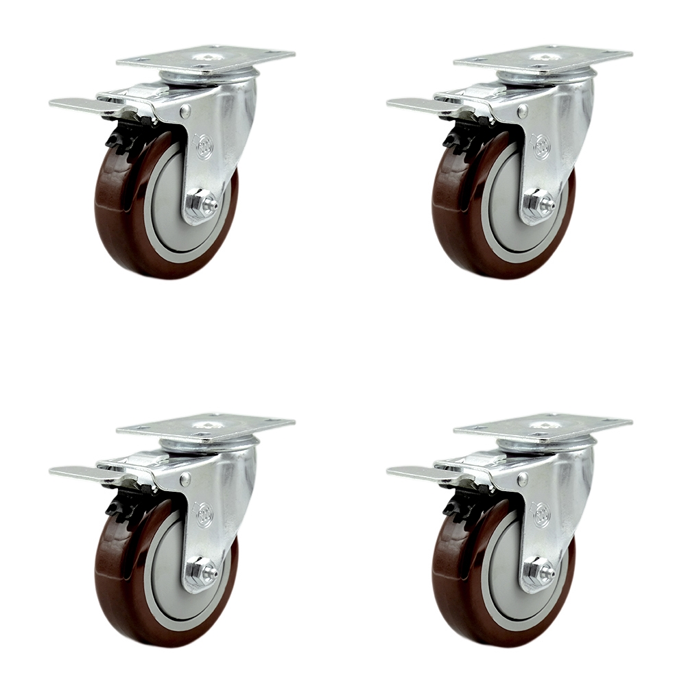 Stainless Steel Polyurethane Swivel Top Plate Caster Set of 4 w/4" x 1.25" Maroon Wheels - Includes 4 Swivel with Total Lock Brakes - 1400 lbs Total Capacity - Service Caster Brand — photo 1