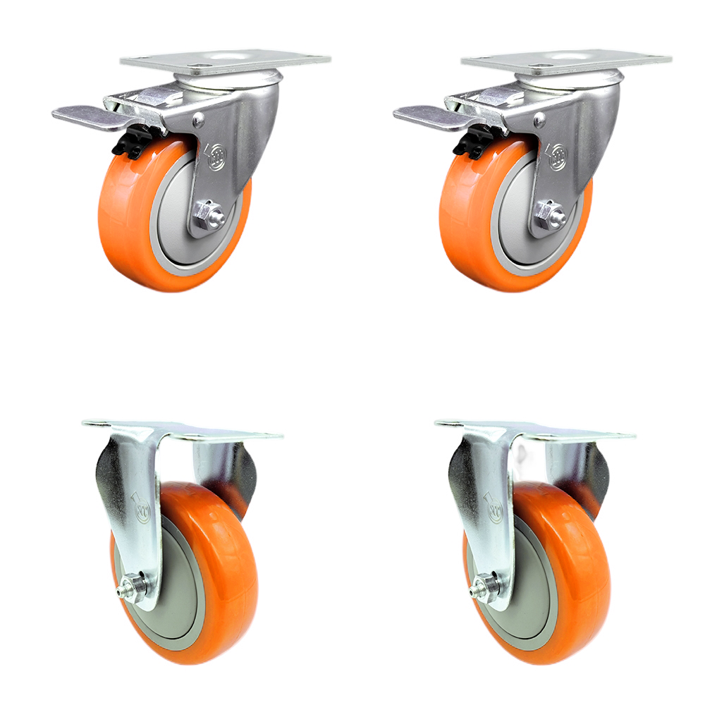 Stainless Steel Polyurethane Top Plate Caster Set of 4 w/4" x 1.25" Orange Wheels - 2 Swivel Casters w/Total Locking Brake & 2 Rigid - 1400 lbs Capacity/Caster - Service Caster Brand — photo 1