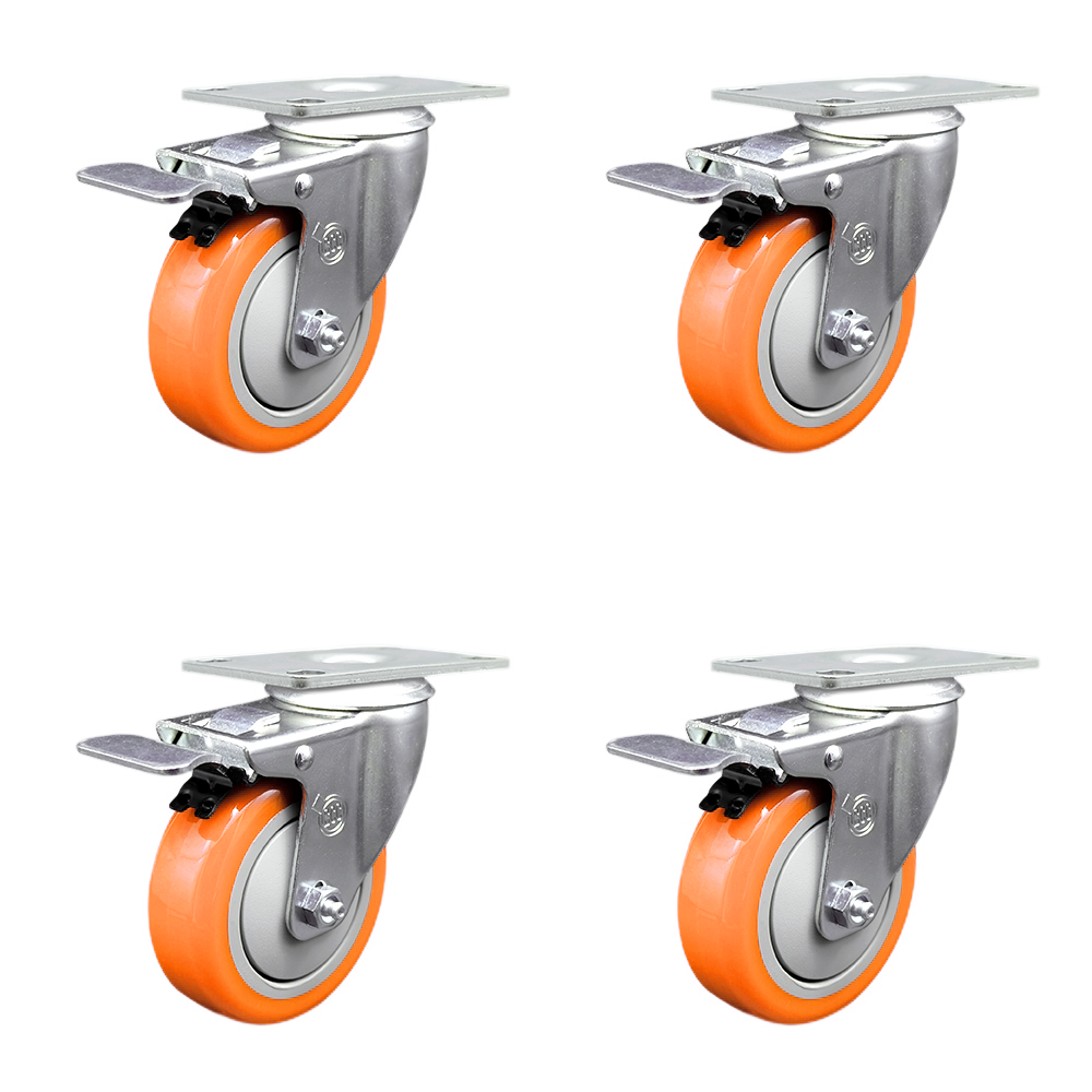 Stainless Steel Polyurethane Swivel Top Plate Caster Set of 4 w/4" x 1.25" Orange Wheels - Includes 4 Swivel with Total Lock Brakes - 1400 lbs Total Capacity - Service Caster Brand — photo 1