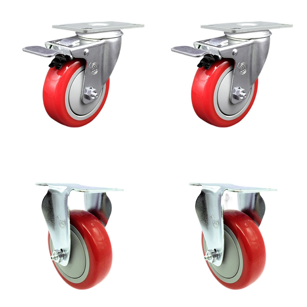Stainless Steel Polyurethane Top Plate Caster Set of 4 w/4" x 1.25"  Red Wheels - 2 Swivel Casters w/Total Locking Brake & 2 Rigid - 1400 lbs Capacity/Caster - Service Caster Brand — photo 1