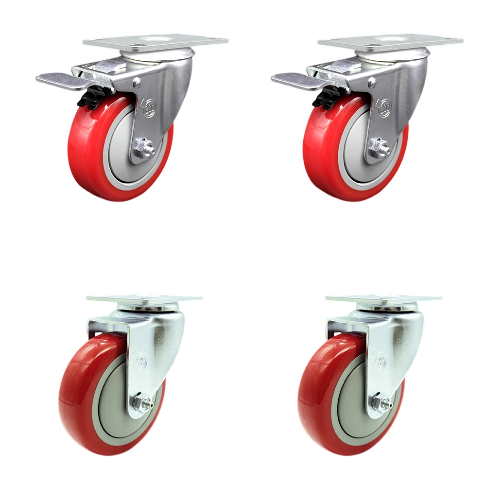 Stainless Steel Polyurethane Swivel Top Plate Caster Set of 4 w/4" x 1.25"  Red Wheels - Includes 2 with Total Locking Brakes - 1400 lbs Total Capacity - Service Caster Brand — photo 1