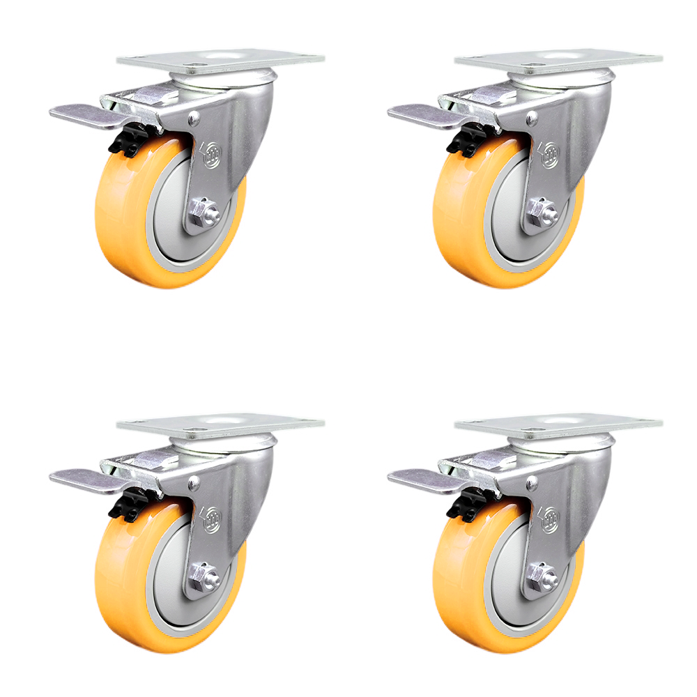 Stainless Steel Polyurethane Swivel Top Plate Caster Set of 4 w/4" x 1.25" Yellow Wheels - Includes 4 Swivel with Total Lock Brakes - 1400 lbs Total Capacity - Service Caster Brand — photo 1