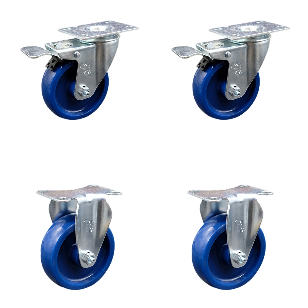 Stainless Steel Solid Polyurethane Swivel Top Plate Caster Set of 4 w/4" x 1.25" Blue Wheels - Includes 2 Swivel with Total Locking Brakes & 2 Rigid - 1200 lbs Total Capacity - Service Caster Brand — photo 1