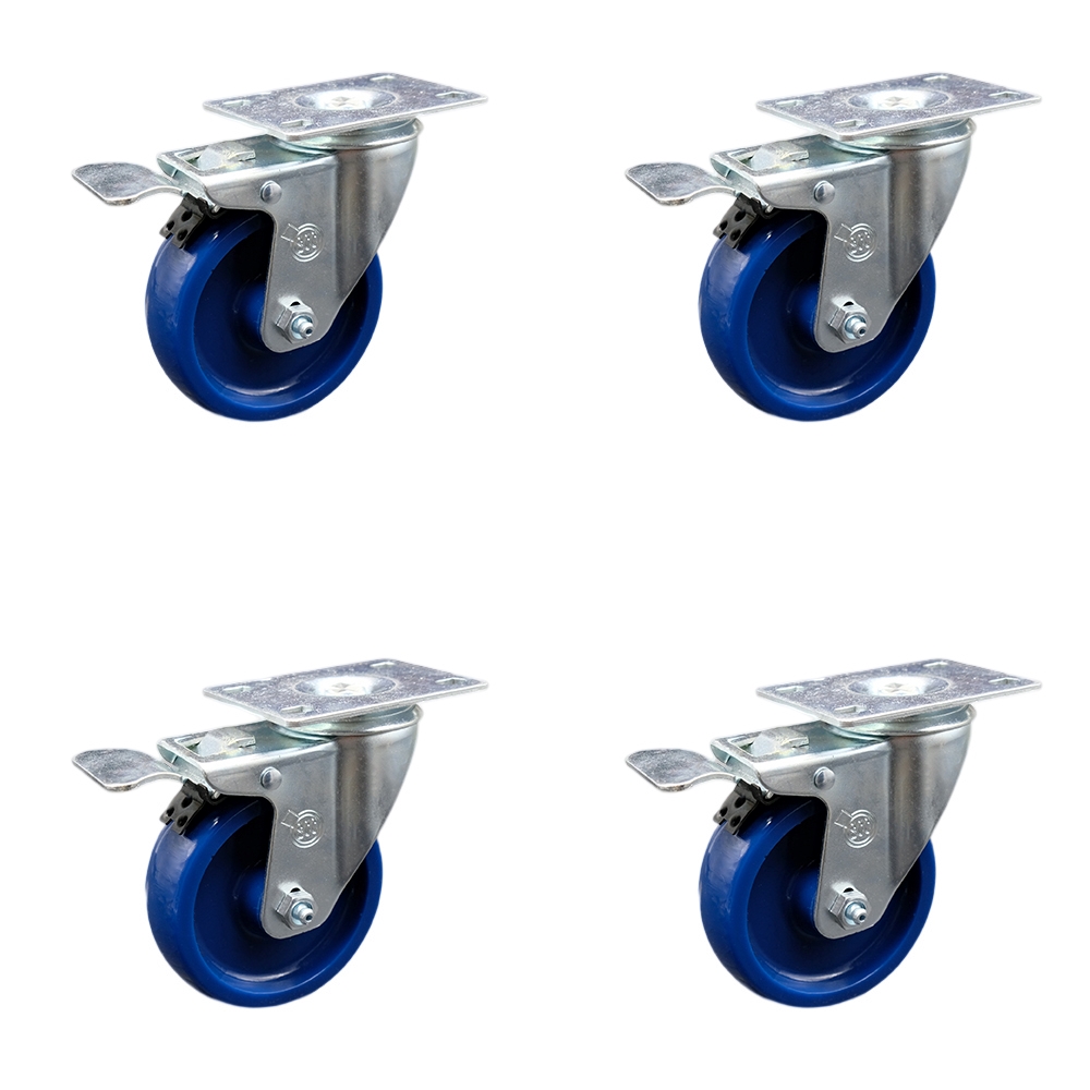 Stainless Steel Solid Polyurethane Swivel Top Plate Caster Set of 4 w/4" x 1.25" Blue Wheels - Includes 4 Swivel with Total Lock Brakes - 1200 lbs Total Capacity - Service Caster Brand — photo 1