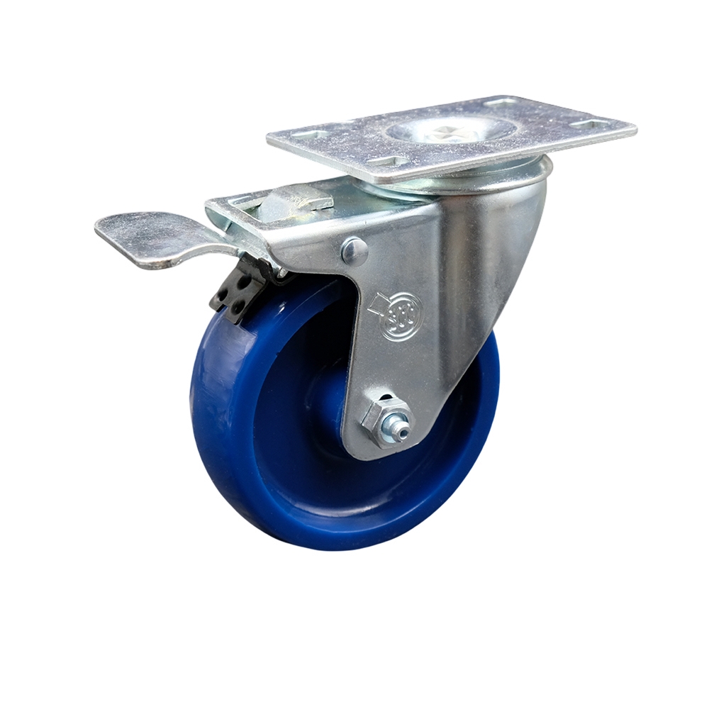 Stainless Steel Solid Polyurethane Swivel Top Plate Caster w/4" x 1.25" Blue Wheel & Total Locking Brake - 300 lbs Capacity/Caster - Service Caster Brand — photo 1