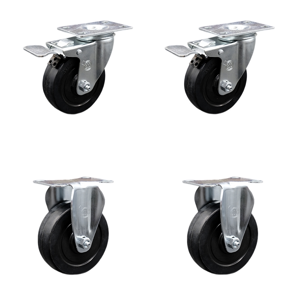 Stainless Steel Soft Rubber Swivel Top Plate Caster Set of 4 w/4" x 1.25" Black Wheels - Includes 2 Swivel with Total Locking Brakes & 2 Rigid - 800 lbs Total Capacity - Service Caster Brand — photo 1