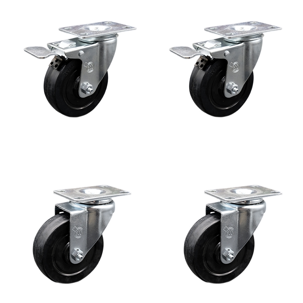 Stainless Steel Soft Rubber Swivel Top Plate Caster Set of 4 w/4" x 1.25" Black Wheels - Includes 2 Swivel with Total Locking Brakes & 2 Swivel - 800 lbs Total Capacity - Service Caster Brand — photo 1