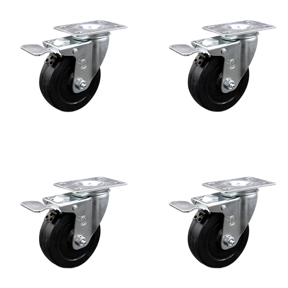 Stainless Steel Soft Rubber Swivel Top Plate Caster Set of 4 w/4" x 1.25" Black Wheels - Includes 4 Swivel with Total Lock Brakes - 800 lbs Total Capacity - Service Caster Brand — photo 1