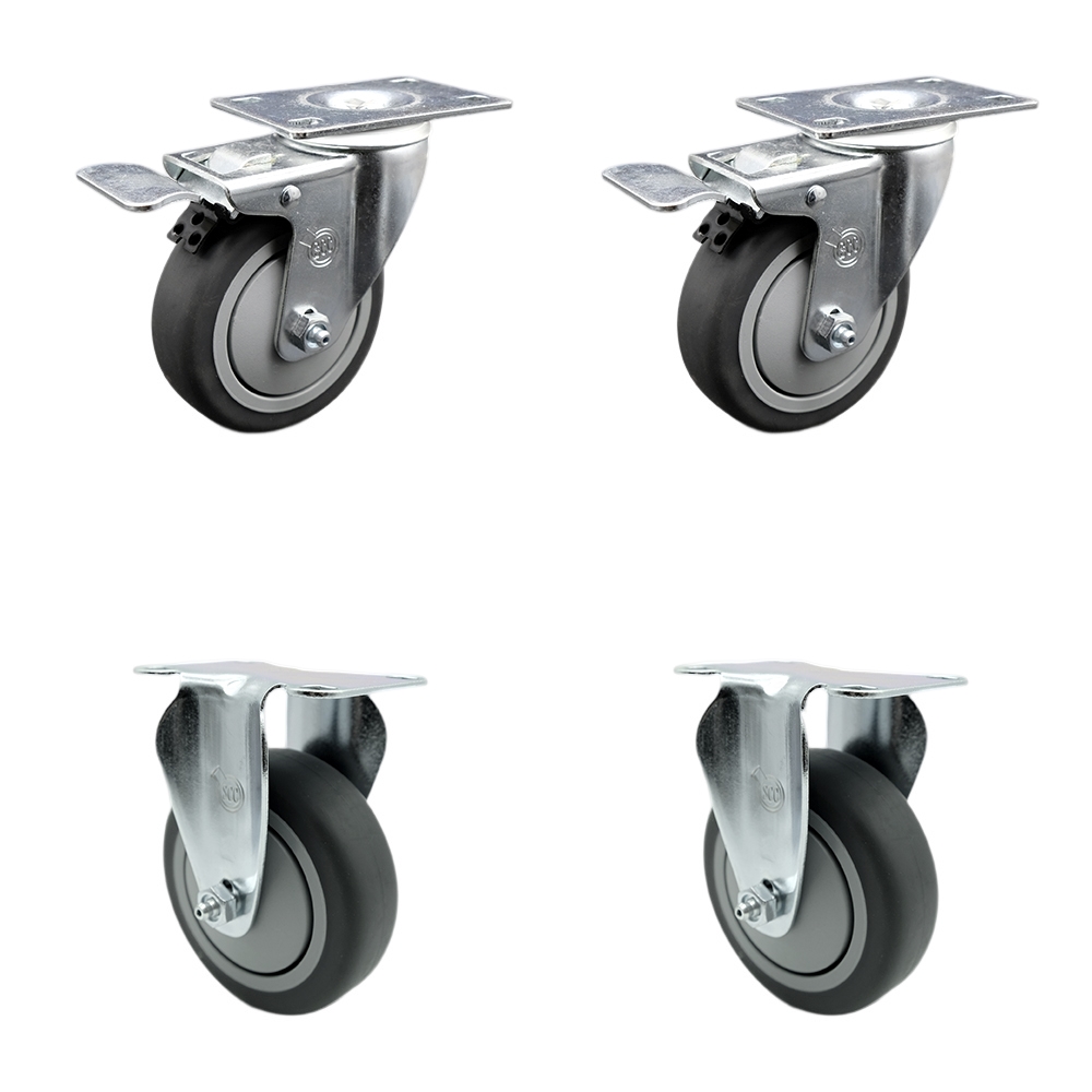 Stainless Steel Thermoplastic Rubber Swivel Top Plate Caster Set of 4 - 4" x 1.25" Gray Wheels - Includes 2 Swivel with Total Locking Brakes & 2 Rigid - 1,000 lbs Total Capacity- Service Caster Brand — photo 1