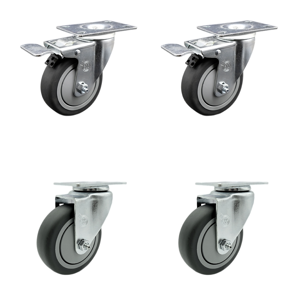 Stainless Steel Thermoplastic Rubber Swivel Top Plate Caster Set of 4 - 4" x 1.25" Gray Wheels - Includes 2 Swivel with Total Locking Brakes & 2 Swivel - 1,000 lbs Total Capacity-Service Caster Brand — photo 1