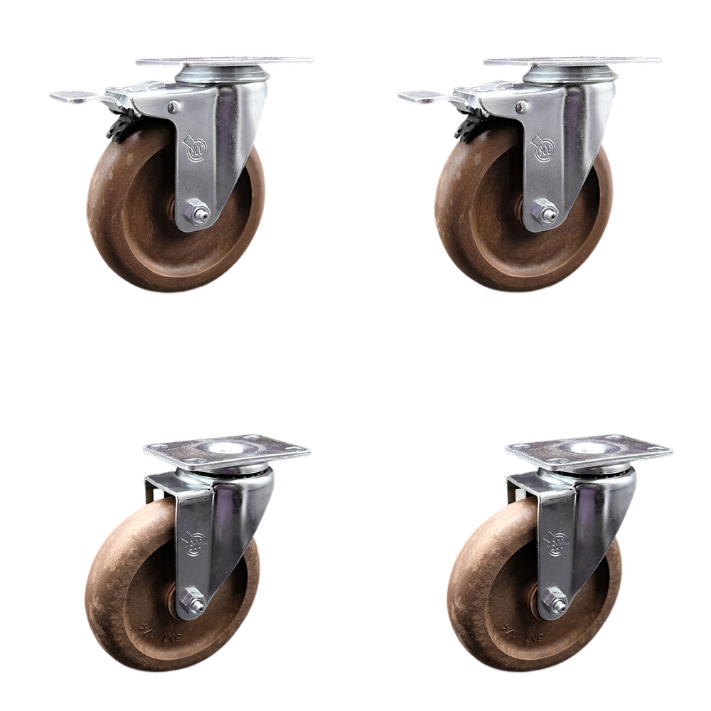 Stainless Steel High Temp Glass Filled Nylon Swivel Top Plate Caster Set 4 w/5" x 1.25" Brown Wheels-Includes 2 Swivel with Total Locking Brakes & 2 Swivel-1400 lbs Total Capacity-Service Caster Brand — photo 1