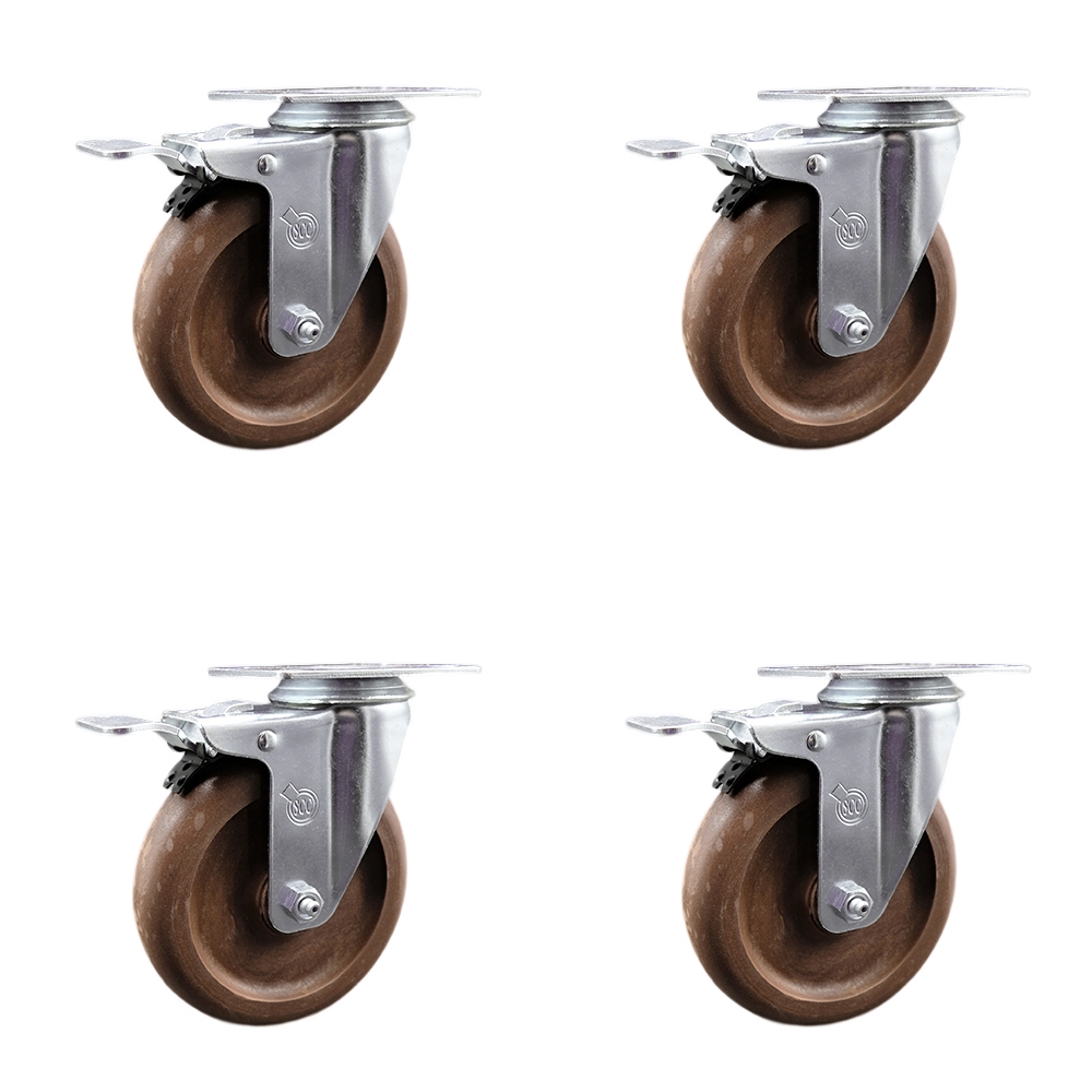 Stainless Steel High Temp Glass Filled Nylon Swivel Top Plate Caster Set of 4 w/5" x 1.25" Brown Wheels - Includes 4 Swivel with Total Lock Brakes - 1400 lbs Total Capacity - Service Caster Brand — photo 1