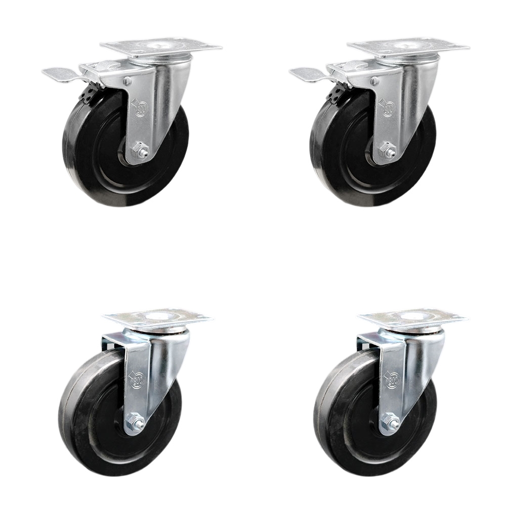 Stainless Steel Hard Rubber Swivel Top Plate Caster Set of 4 w/5" x 1.25" Black Wheels - Includes 2 Swivel with Total Locking Brakes & 2 Swivel - 1100 lbs Total Capacity - Service Caster Brand — photo 1