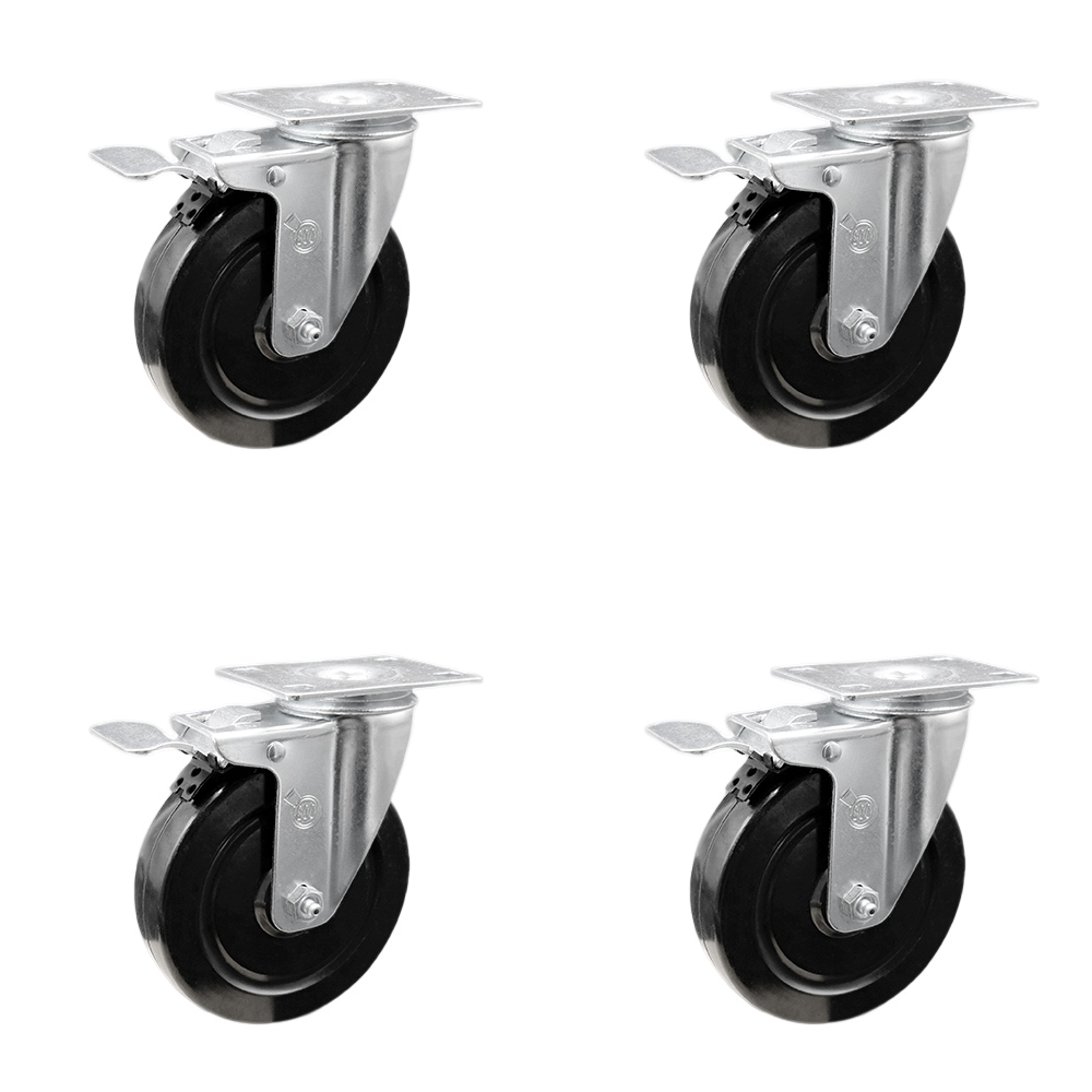 Stainless Steel Hard Rubber Swivel Top Plate Caster Set of 4 w/5" x 1.25" Black Wheels - Includes 4 Swivel with Total Lock Brakes - 1200 lbs Total Capacity - Service Caster Brand — photo 1