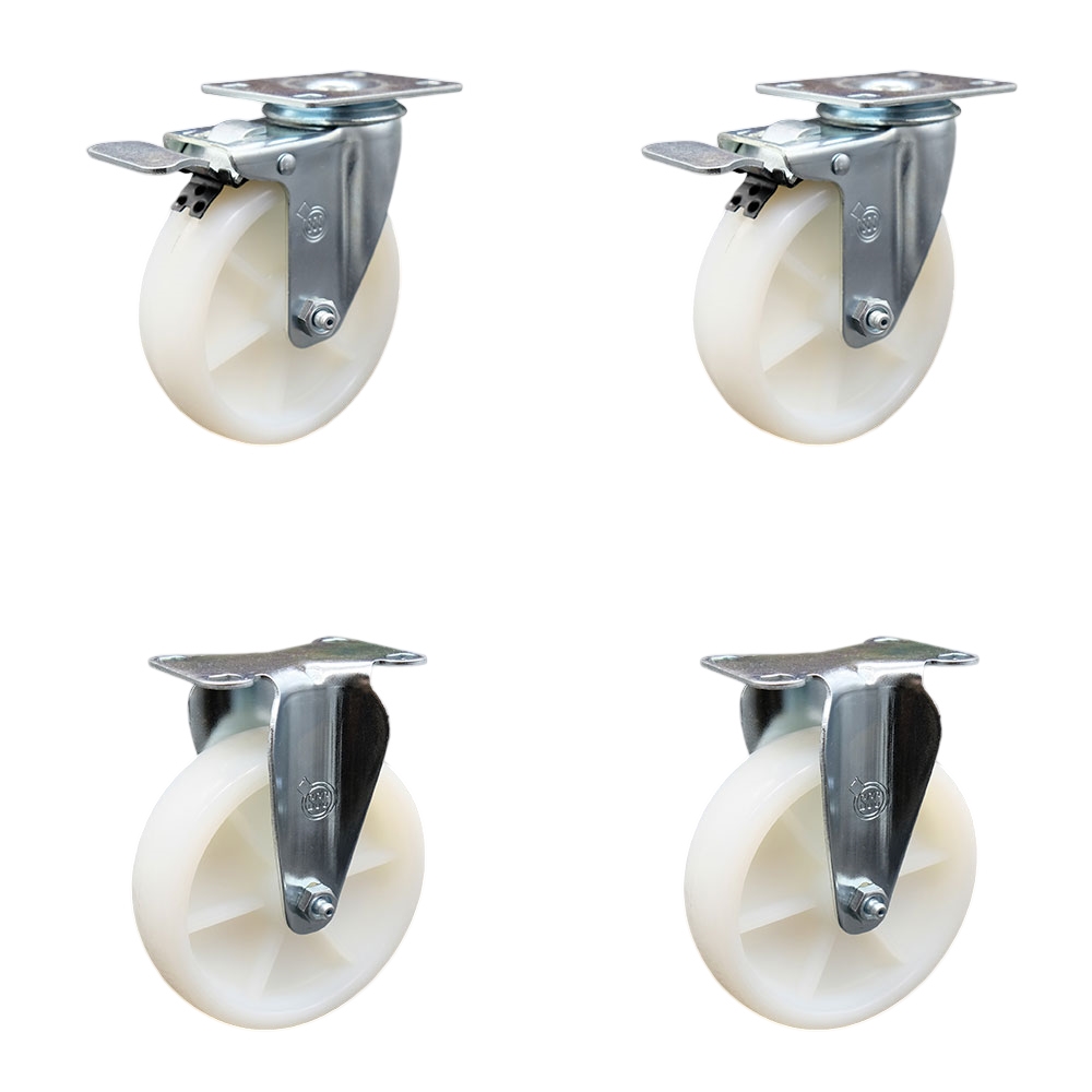 Stainless Steel Nylon Swivel Top Plate Caster Set of 4 w/5" x 1.25" White Wheels - Includes 2 Swivel with Total Locking Brakes & 2 Rigid - 1200 lbs Total Capacity - Service Caster Brand — photo 1