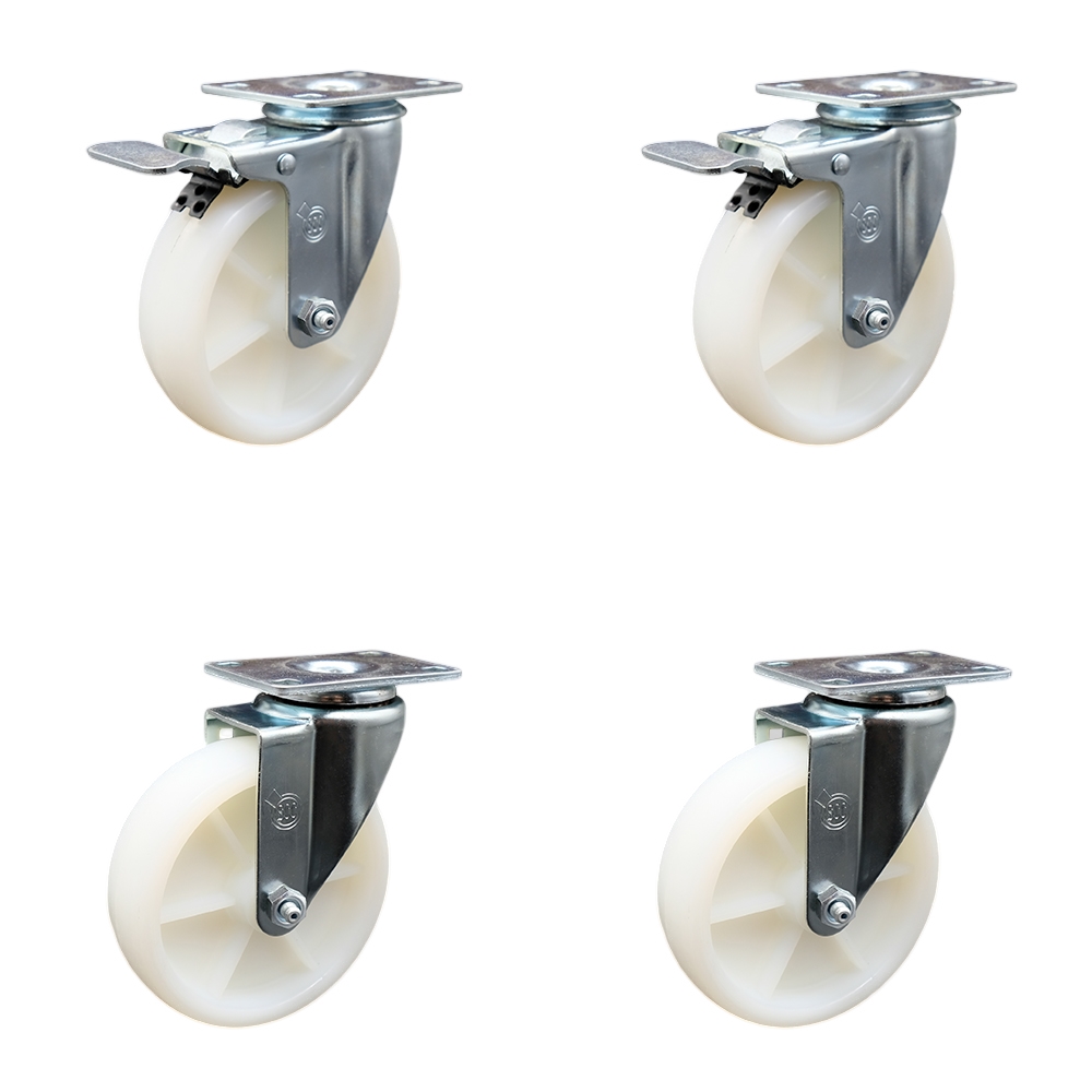 Stainless Steel Nylon Swivel Top Plate Caster Set of 4 w/5" x 1.25" White Wheels - Includes 2 Swivel with Total Locking Brakes & 2 Swivel - 1200 lbs Total Capacity - Service Caster Brand — photo 1