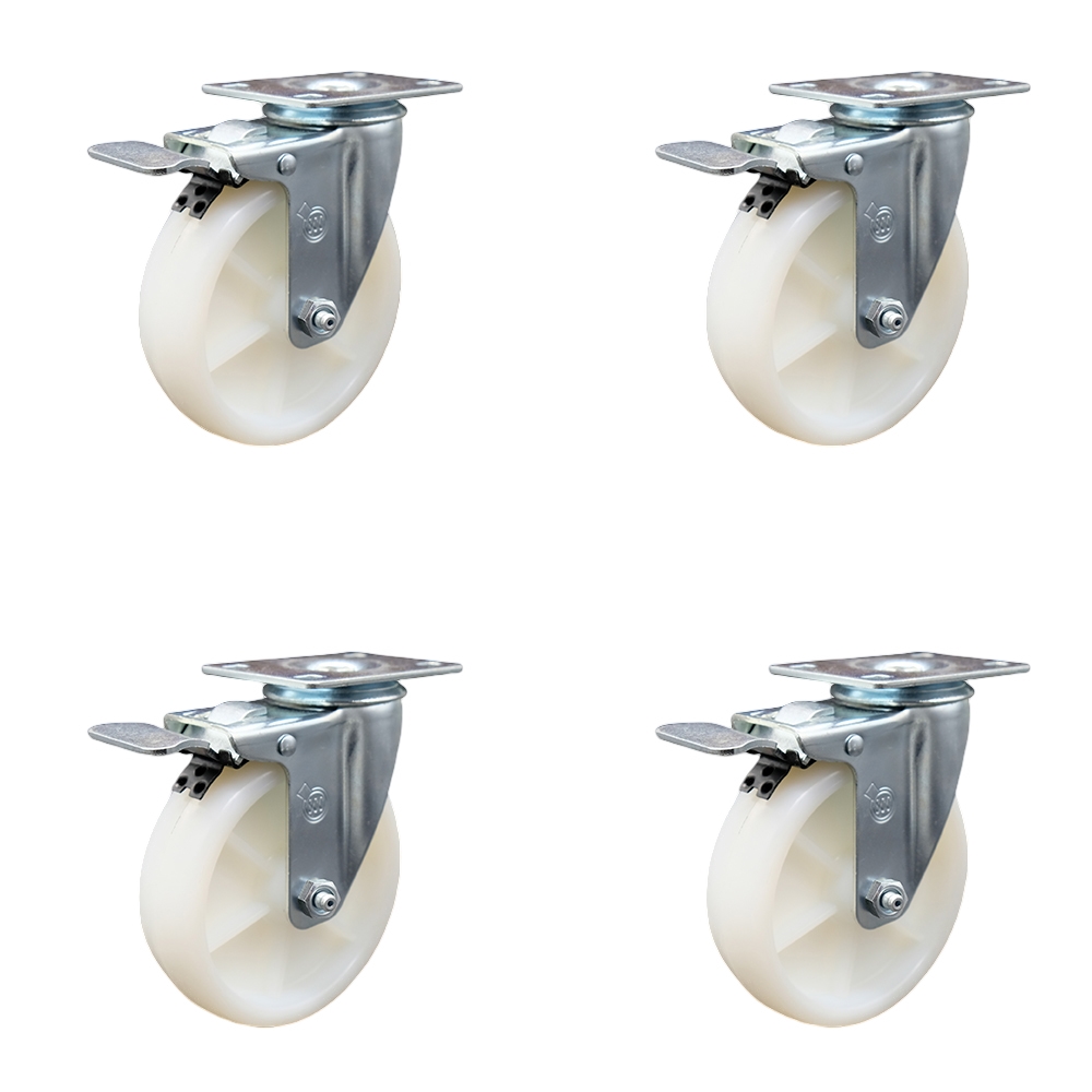 Stainless Steel Nylon Swivel Top Plate Caster Set of 4 w/5" x 1.25" White Wheels - Includes 4 Swivel with Total Lock Brakes - 1200 lbs Total Capacity - Service Caster Brand — photo 1