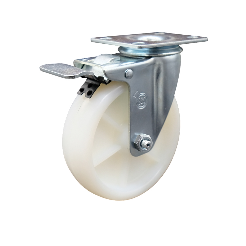 Stainless Steel Nylon Swivel Top Plate Caster w/5" x 1.25" White Wheel & Total Locking Brake - 300 lbs Capacity/Caster - Service Caster Brand — photo 1