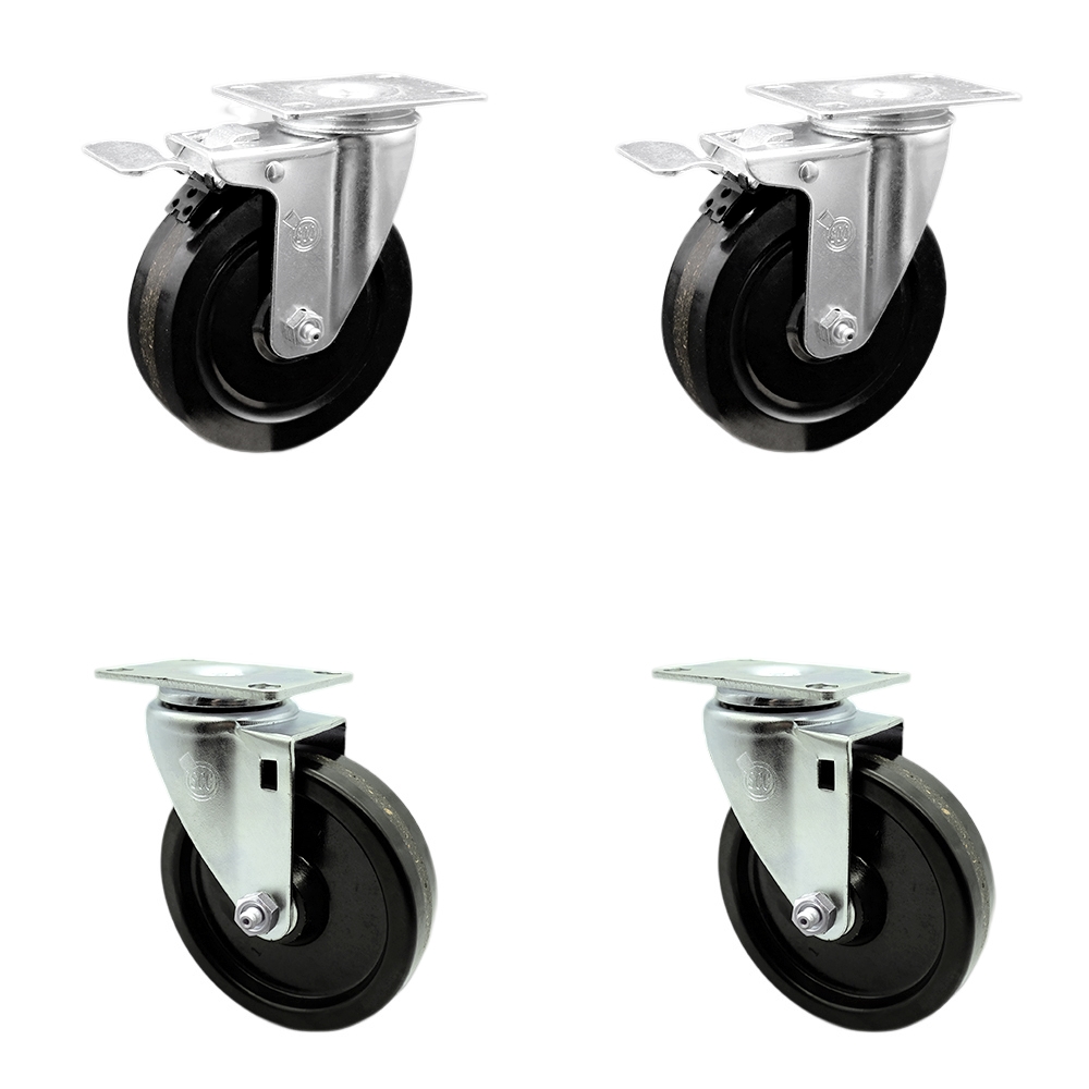Stainless Steel Phenolic Swivel Top Plate Caster Set of 4 w/5" x 1.25" Black Wheels - Includes 2 Swivel with Total Locking Brakes & 2 Swivel - 1200 lbs Total Capacity - Service Caster Brand — photo 1