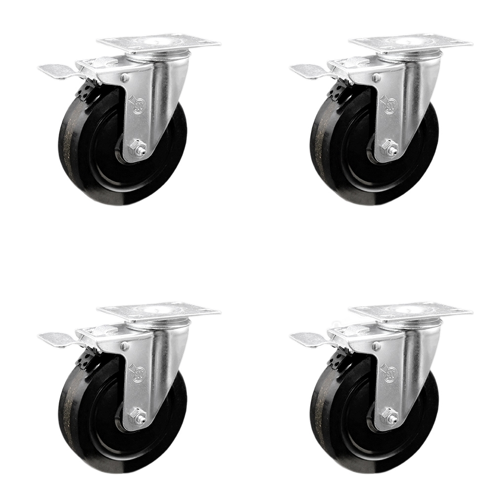 Stainless Steel Phenolic Swivel Top Plate Caster Set of 4 w/5" x 1.25" Black Wheels - Includes 4 Swivel with Total Lock Brakes - 1200 lbs Total Capacity - Service Caster Brand — photo 1