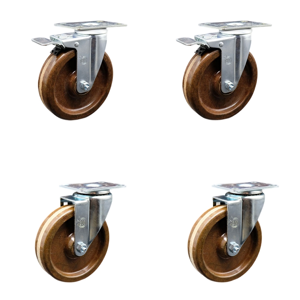 Stainless Steel High Temp Phenolic Swivel Top Plate Caster Set 4 w/5" x 1.25" Brown Wheels-Includes 2 Swivel with Total Locking Brakes & 2 Swivel-1200 lbs Total Capacity-Service Caster Brand — photo 1