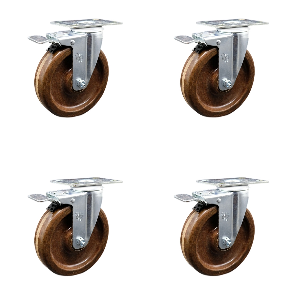 Stainless Steel High Temperature Phenolic Swivel Top Plate Caster Set of 4 w/5" x 1.25" Brown Wheels - Includes 4 Swivel with Total Lock Brakes - 1200 lbs Total Capacity - Service Caster Brand — photo 1