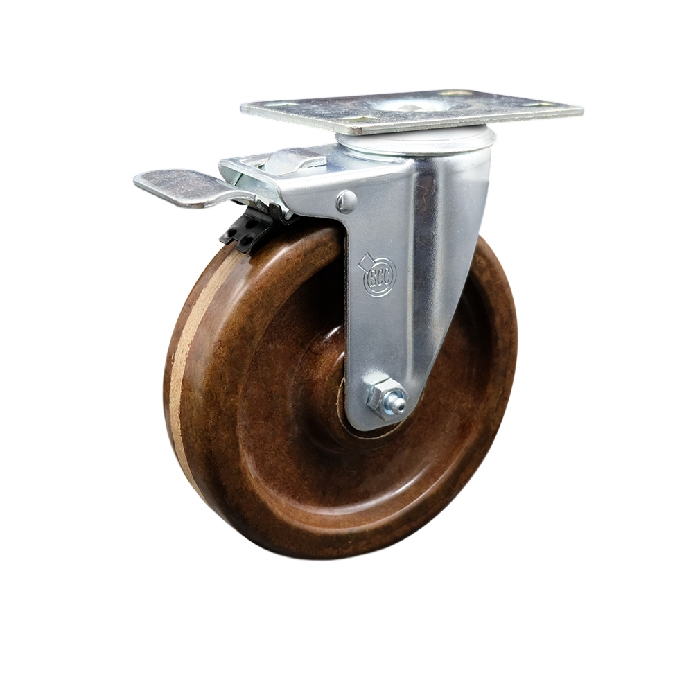 Stainless Steel High Temp Phenolic Swivel Top Plate Caster w/5" x 1.25" Brown Wheel & Total Locking Brake - 300 lbs Capacity/Caster - Service Caster Brand — photo 1