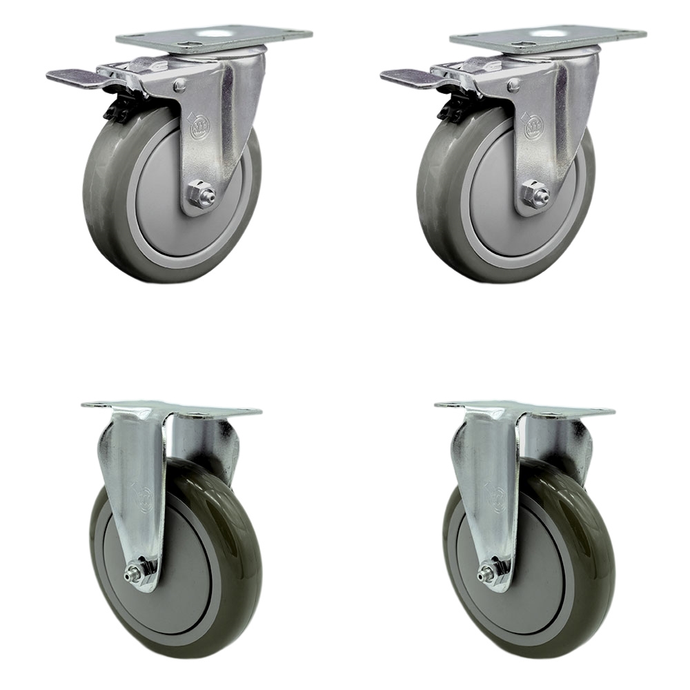 Stainless Steel Polyurethane Top Plate Caster Set of 4 w/5" x 1.25" Gray Wheels - 2 Swivel Casters w/Total Locking Brake & 2 Rigid - 1400 lbs Capacity/Caster - Service Caster Brand — photo 1